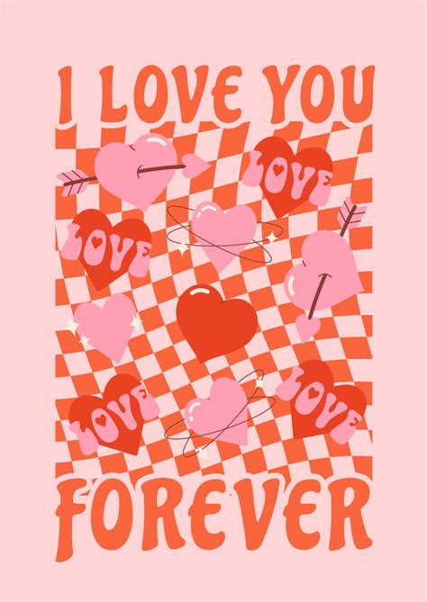 Retro groovy poster with lovely hearts . Love concept. I love you ...