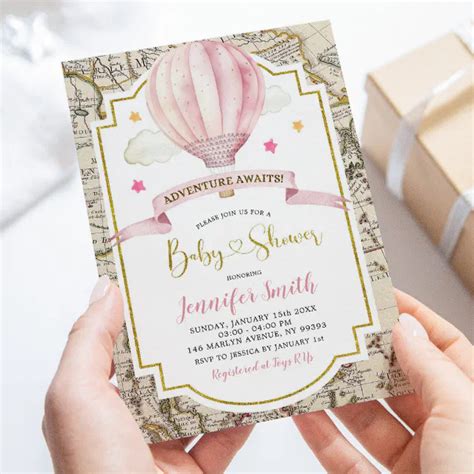 Pink Map Hot Air Balloon Adventure Baby Shower Invitation Zazzle
