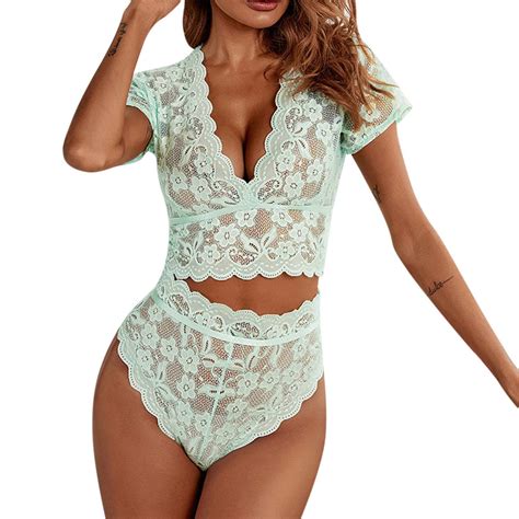 Sheer Floral Lace Pajamas Lingerie Set High Waist Sleepwear Bra And