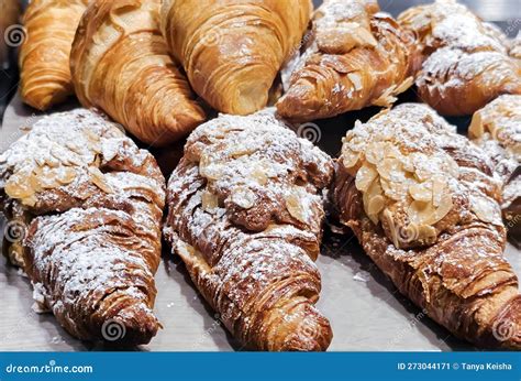 Homemade Almond Croissants Freshly Baked And Cooling On Rack Stock