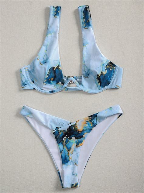 Emmiol Free Shipping Printed Underwire Bikini Set Blue M In Bikini