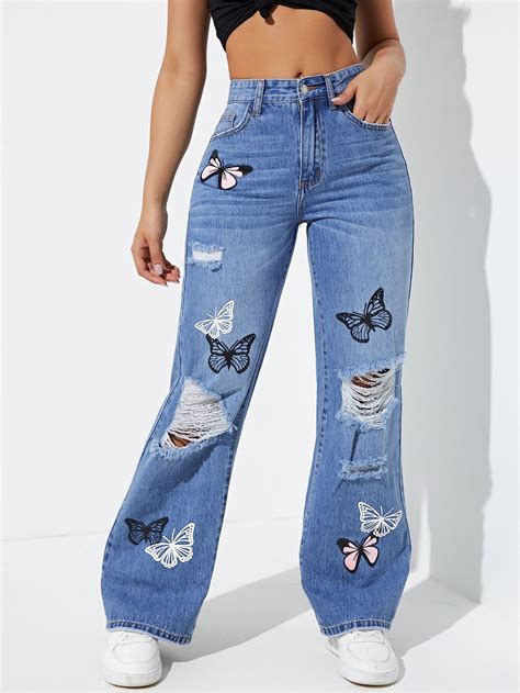 Butterfly Print Ripped Wide Leg Jeans Moda De Ropa Pantalones De