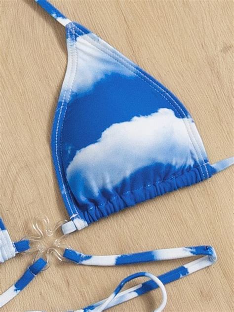 Emmiol Free Shipping Cloud Print Lace Up Bikini Set Blue L In