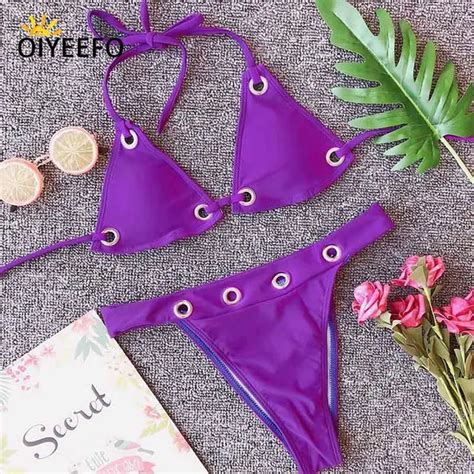 Oiyeefo Solid Black Purple Bikini Brazilian Sexy Swimsuit Pads Bathing