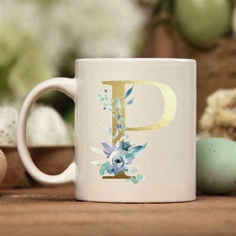 Jual Mug Custom Inisial Nama Huruf Gold Alphabet Leaf Watercolor