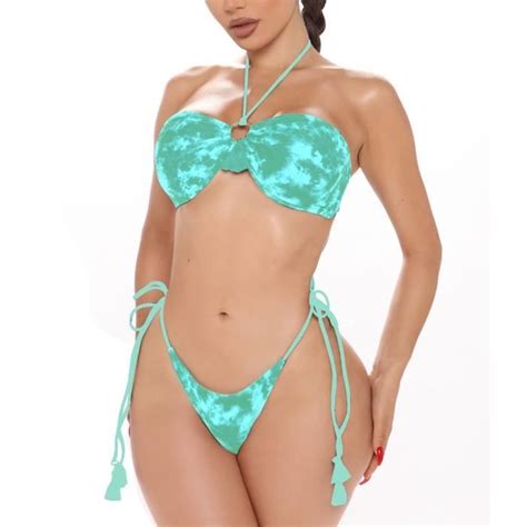 Maillot De Bain Bikini À Imprimé Tie Dye Pour Femme Avec Caleçon Maillots Dos Ouvert Vert Vert