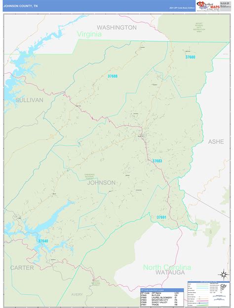 Johnson County Tn Zip Code Wall Map Basic Style By Marketmaps