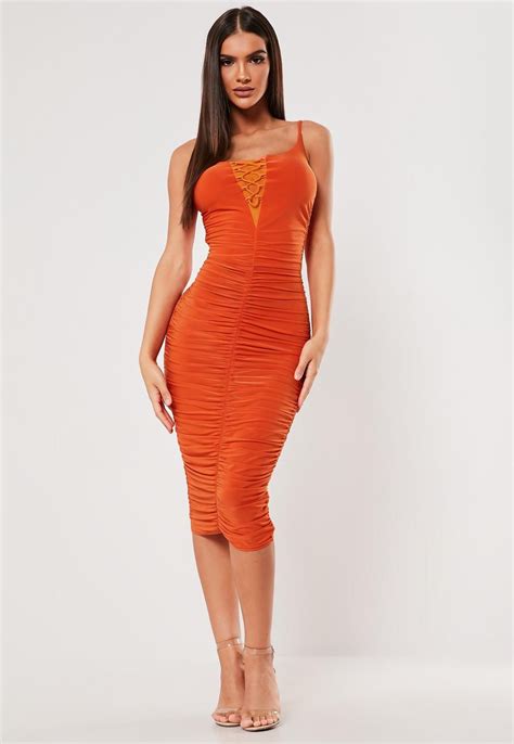 Sxf X Missguided Orange Slinky Ruched Lace Up Midi Dress Missguided