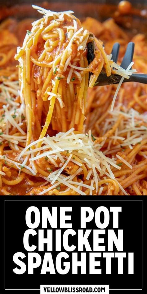 One Pot Chicken Spaghetti In A Skillet With The Title Overlay Reads