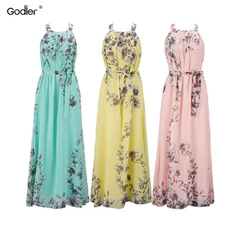 Godier Women Sexy Summer Bohemia Print Chiffon Dress Floor Length Long