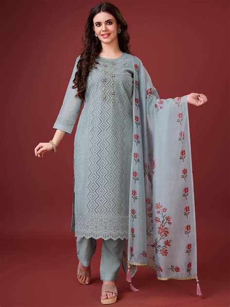 Buy MOJILAA Ethnic Embroidered Regular Chikankari Chanderi Silk Kurta