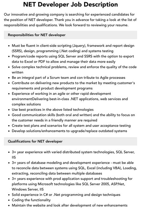 Net Developer Job Description Velvet Jobs