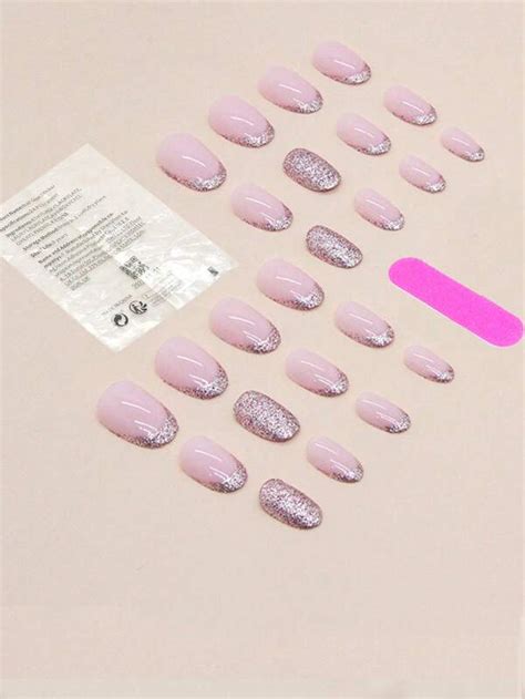 Upgrade Your Look With 24pcs Short Oval Glitter Fake Nail Kit Shein Uk