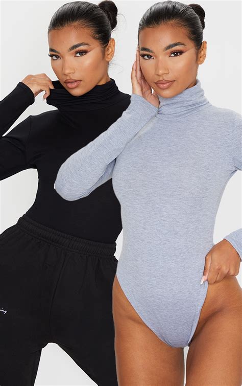 Basic Black And Grey Marl Roll Neck Bodysuit 2 Pack Tops Prettylittlething Usa