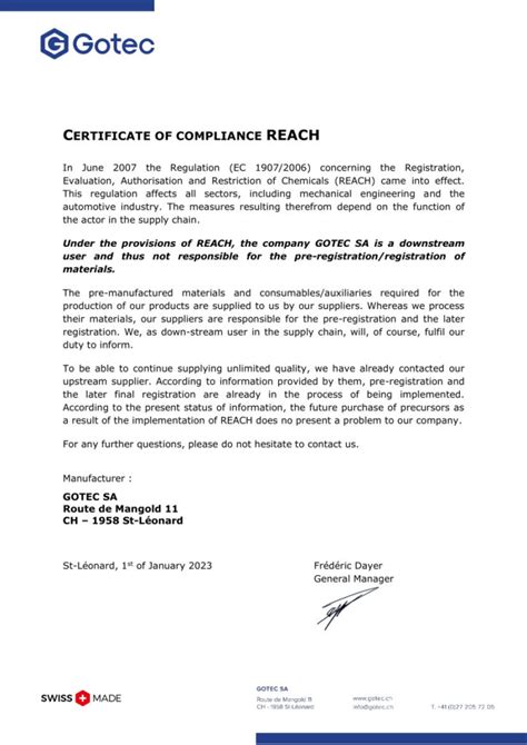 Certificat De Conformite Reach En Gotec Sa