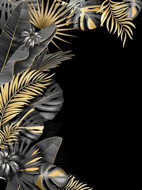 Botanical Tropical Leaves Frames Gold And Black Background Gold