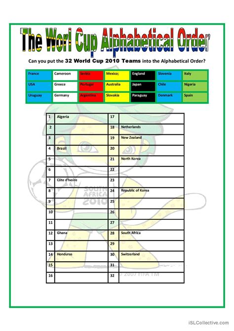 World Cup Alphabetical Order English Esl Worksheets Pdf Doc