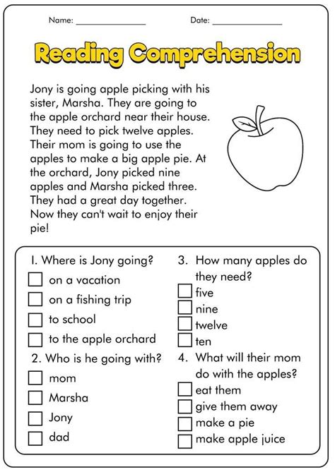 Reading Worksheet For Grade Students With An Apple On The Top And Two