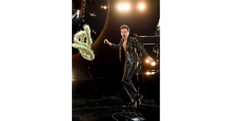 Harry Styles Wears Leather Suit And Fuzzy Scarf For Grammys Popsugar Fashion Uk Photo 4