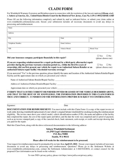 Fillable Online Claim Form Subaru Windshield Settlement Fax Email