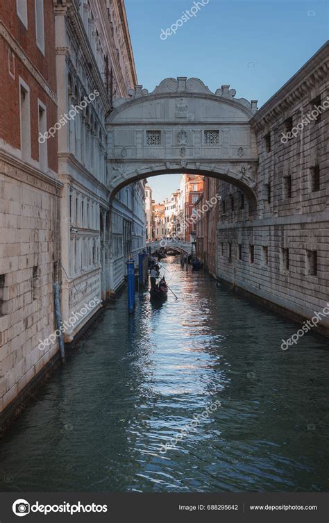 Scenic View Gondola Navigating Narrow Canal Venice Showcasing Citys ...