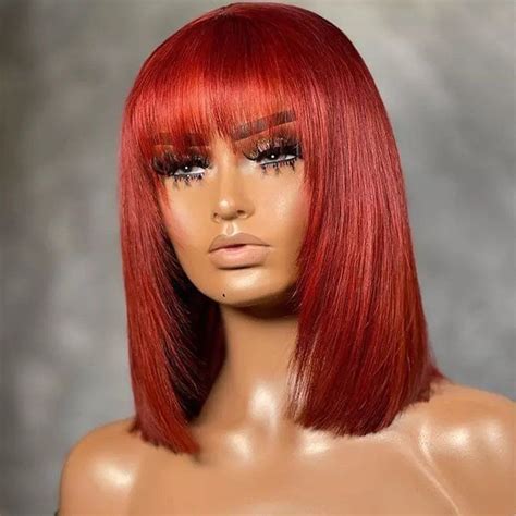 Color Red Type Bob Wig With Bangs No Lace Machine Made Put On And