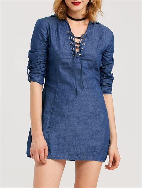 48 Off Denim Long Sleeve V Neck Lace Up Jean Tunic Dress Rosegal