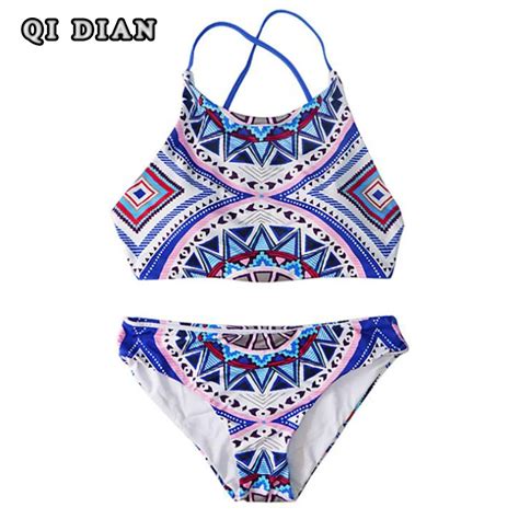 QI DIAN 2017 Women S New High Collar Bikini Suit Geometric Pattern Sexy