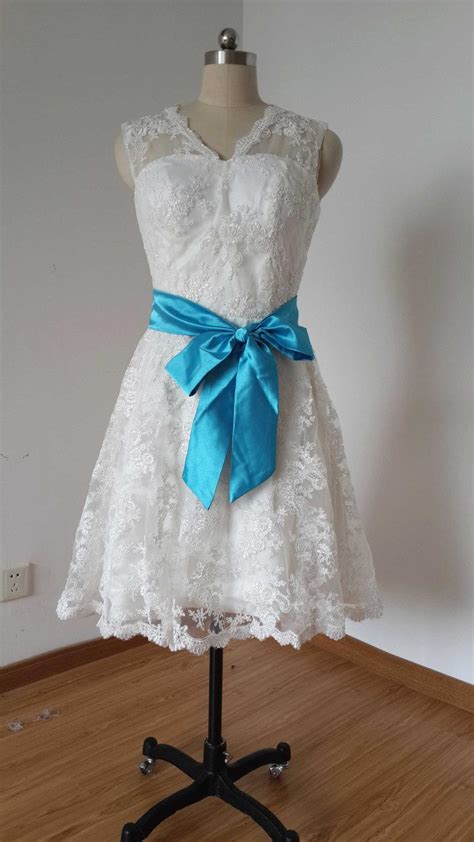 V Neck Backless Short Ivory Lace Wedding Dress With Teal Blue Sash