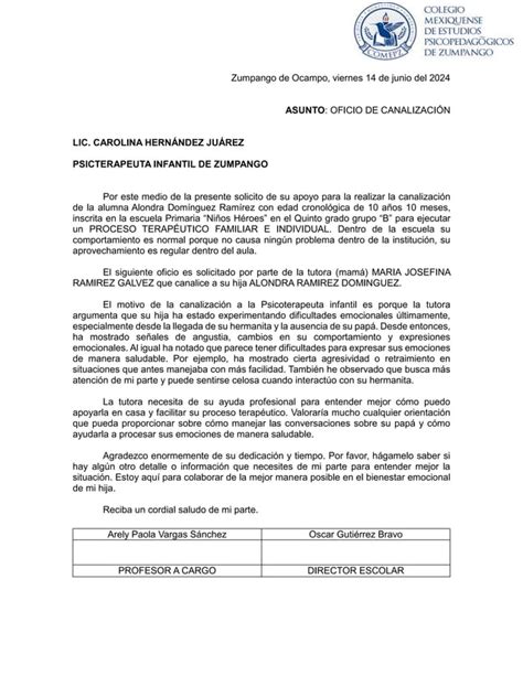 Ejemplo de Oficio de Canalización para niños PDF