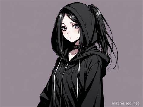 Anime Goth Girl with Ponytail in Hooded Attire | MUSE AI