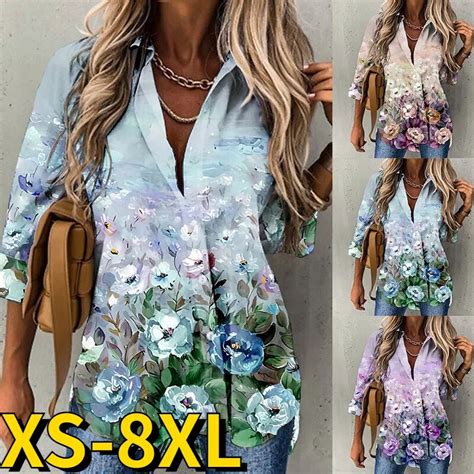 Camisa Feminina O Estampado Floral Manga Comprida Decote Em V