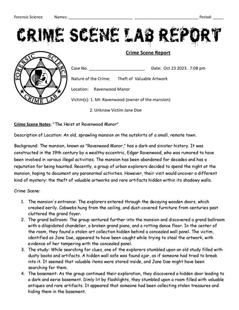 Crime Scene Lab Report Haunted Meansion Forensic Science