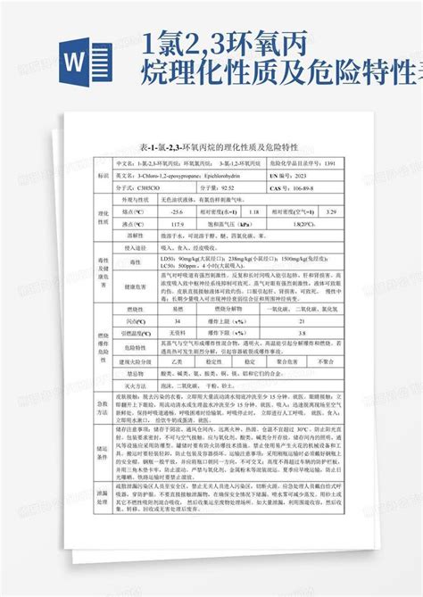 1 氯 2 3 环氧丙烷 理化性质及危险特性表Word模板下载 编号lropzaoa 熊猫办公