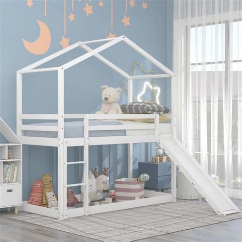 Dripex Lit Maison Lit Superposé 90 x 200 cm avec toboggan et escalier