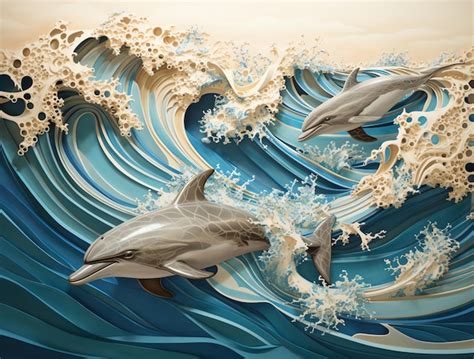 Olas De Papel Delicada Ilustraci N De Delfines Saltando De Una Ola