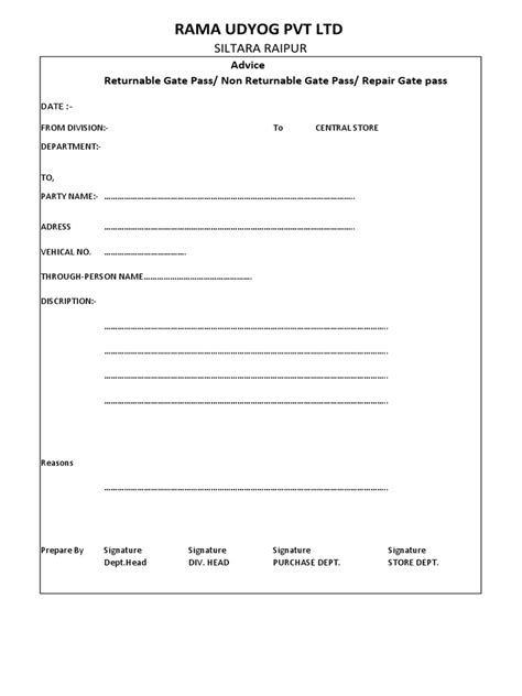 Gate Pass Advice Form Pdf