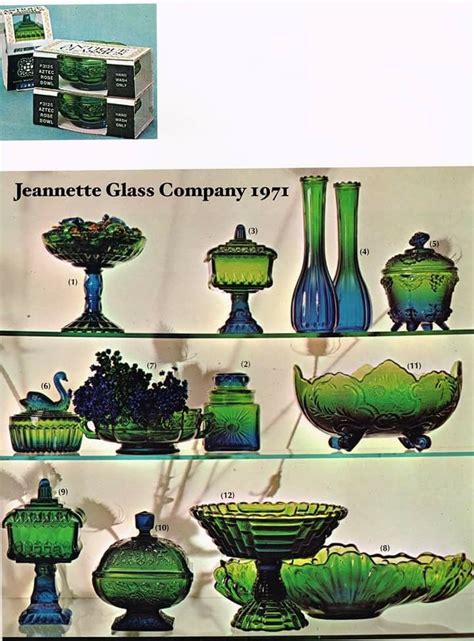 green glass vases and bowls on display in an advertisement for jeanette glass company, 1971