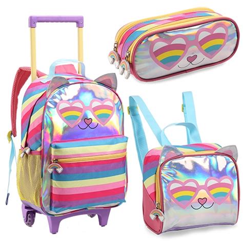 Kit Mochila Infantil De Carrinho Escolar Lancheira Estojo Teen Kawai