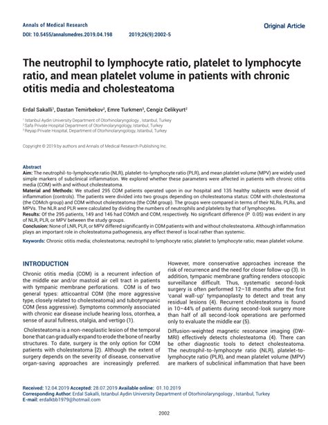 Pdf The Neutrophil To Lymphocyte Ratio Platelet To Lymphocyte Ratio