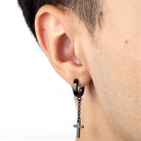 Lotus Style Boucles D Oreilles Homme Acier Noir Pendante Et Croix