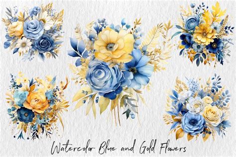 Watercolor Blue And Gold Flowers Clipart Offers Stunning Floral Motifs