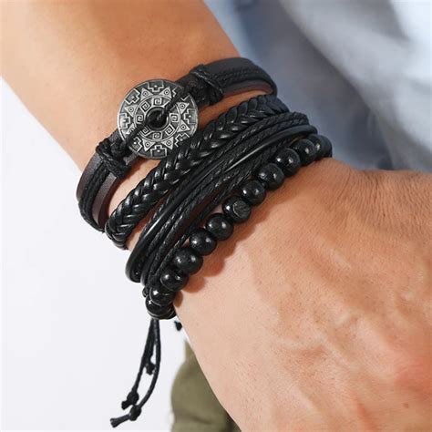 Conjunto De Pulseiras De Couro Tecidas M O Para Homens Mi Angas Retr