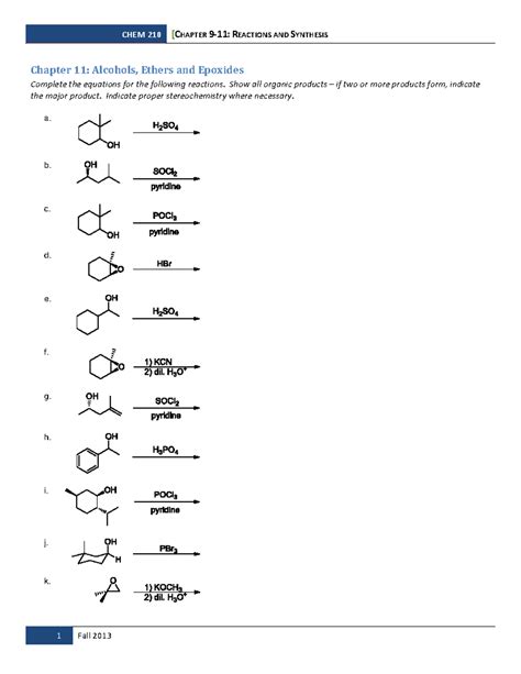 CHEM 210 REACTIONS AND SYNTHESIS Chapter 11: Alcohols, Ethers, Epoxides