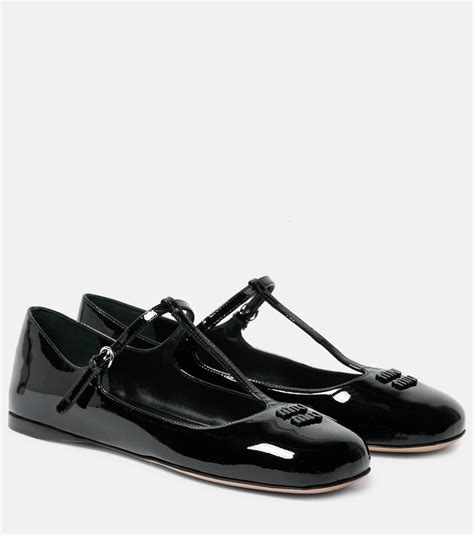 Logo Patent Leather Ballet Flats In Black Miu Miu Mytheresa