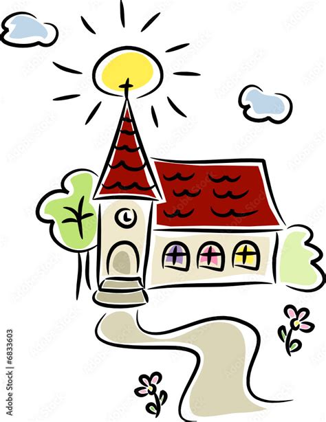 Cartoon Zeichnung Einer Kirche In Sommerlandschaft Stock Vector Adobe