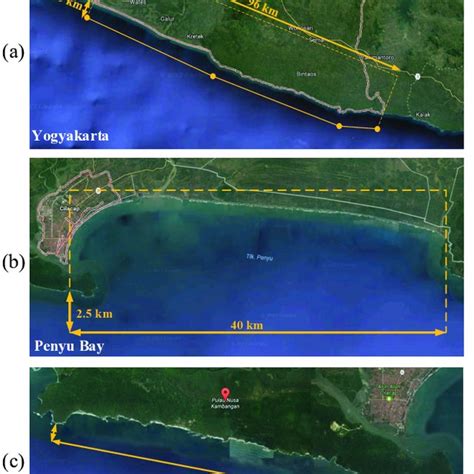 Map of Yogyakarta (a), Penyu Bay (b), and Nusa Kambangan (c) coasts ...