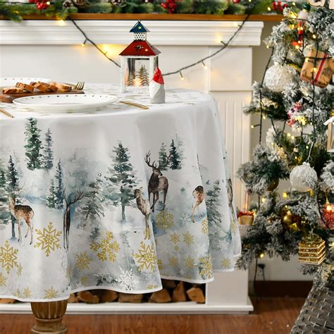 Horaldaily Christmas Tablecloth 7070 Inch Round Golden Snow Deers