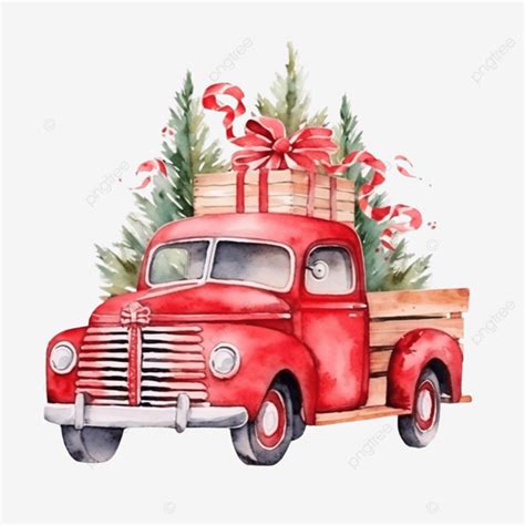 Watercolor Red Christmas Vintage Truck With Trees And Gifts Red Truck