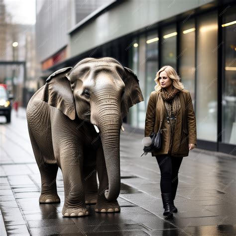 Premium Photo | Woman walking with big elephant in the street woman